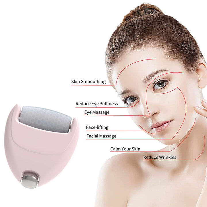 Heart-shaped ice roller in use on face